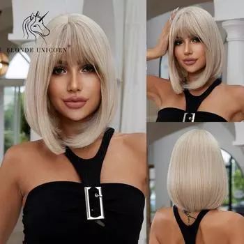 Блондинка-единорог, блондинка, синтетический парик, натуральный короткий парик боб с челкой, ежедневное использование для черно-белых женщин, косплей, термостойкий