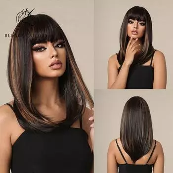 Блондинка-единорог, черно-коричневый парик с челкой, синтетический средний длинный прямой парик, женский косплей, повседневные вечерние парики, термостойкие