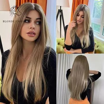 Блондинка-единорог, длинные волосы омбре, блондинка, прямые кружевные части, синтетические парики для женщин, натуральные волосы высокой плотности, термостойкие