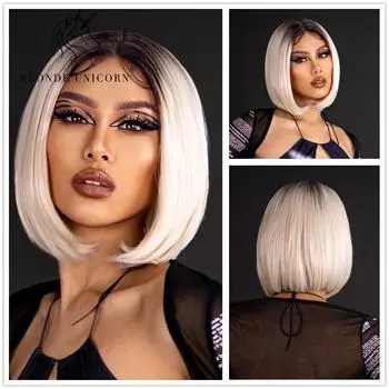 БЛОНДИНКА-ЕДИНОРОГ, короткие парики на шнуровке спереди, платиновая блондинка, синтетические парики для женщин, повседневный косплей, парики с темными корнями для косплея