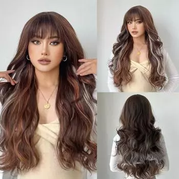 Блондинка-единорог, синтетические смешанные коричневые блондинки, длинные волнистые парики с челкой, повседневные косплей-вечеринки, термостойкие волокна для женщин