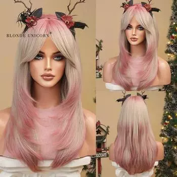 Блондинка-единорог, синтетические средние длинные прямые волосы с омбре, розовый светлый парик для женщин, парики для косплея на Хэллоуин, термостойкие накладные волосы