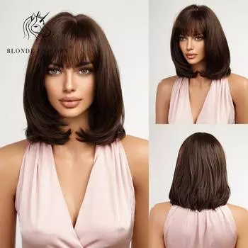 БЛОНДИНКА-ЕДИНОРОГ, синтетический короткий боб, волнистый парик, темно-коричневый с челкой, парики для вечеринок в стиле Лолиты, повседневные волосы для женщин, термостойкие