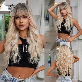 Блондинка-единорог, синтетический омбре, коричневый блондин, парик, длинные волнистые парики с челкой, повседневный косплей, вечерние, термостойкое волокно для женщин