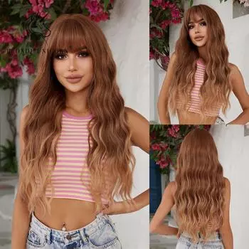 Блондинка-единорог, синтетический омбре, коричневый светлый парик, длинные волнистые парики с челкой, повседневный косплей, вечерние, термостойкое волокно для женщин