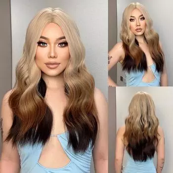 Блондинка, коричневый, длинная волна, вьющийся парик для женщин, средняя часть, натуральные мягкие синтетические волосы, повседневные парики для вечеринок, высокотемпературное волокно