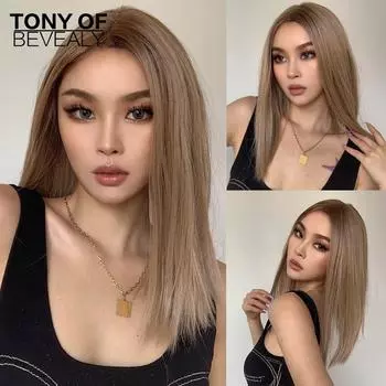 Блондинка, кружевной передний парик из синтетических волос, средняя часть для женщин, короткий прямой парик боб, бесклеевые прозрачные кружевные передние парики