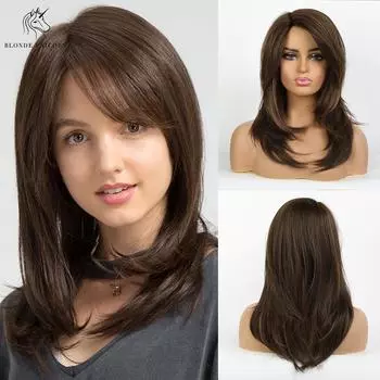 БЛОНДИНЫЙ ЕДИНОРОГ, 20 дюймов, средние, темно-коричневые, прямые синтетические парики с челкой для белых, черных женщин, косплей, ежедневный парик из натуральных волос коричневый