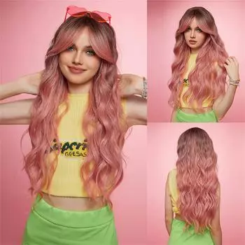БЛОНДИНЫЙ ЕДИНОРОГ, 28 дюймов, коричневый градиент, розовый, омбре, длинные вьющиеся волосы с длинной челкой, элегантный и модный синтетический парик для женщин