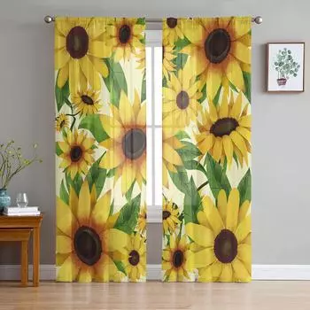 Blooming Sunflowers Window Treatment Tulle Modern Sheer Curtains for Kitchen Living Room the Bedroom Curtains Decoration W135 x H114cm