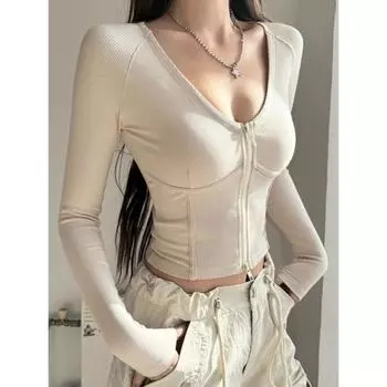 Блузка женская весенняя застежка-молния топ Fishbone похудение йога одежда сексуальный U-образный вырез бег фитнес длинный рукав Sprot рубашки футболки S чёрный