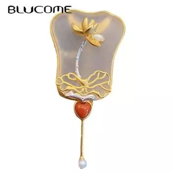 Blucome, инкрустация полудрагоценными камнями, позолоченная медная брошь в виде веера с пальмовыми листьями для женщин и мужчин, ретро-стиль, подарки на Новый год золотой