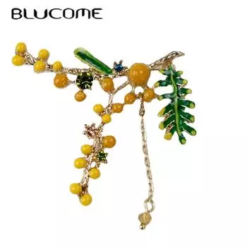 Blucome Mimosa, оранжевый цветок, фруктовая эмаль, цветная глазурь, брошь с кисточкой и бриллиантами, брошь для пальто, костюма, булавки для лацкана серебряный