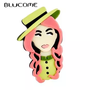 Blucome модная акриловая женская розовая брошь с длинными волосами для девочек, женская преувеличенная мультяшная милая брошь с лацканами, ювелирные изделия, оптовая продажа жёлтый