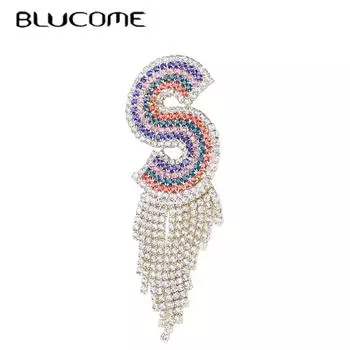 Blucome модные креативные стразы красочные буквы S брошь с кисточкой личность полный кристалл каменная булавка разноцветный