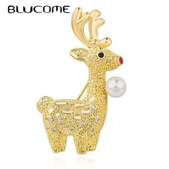 Blucome, новая мода, рождественский олень, жемчужная латунная брошь, милая мультяшная аниме-брошь, булавки для костюма, булавки для хиджиаба золотой