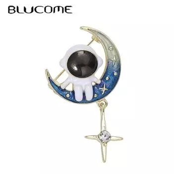 Blucome, новинка 2023 года, изысканная милая брошь из сплава с мультяшной аэрокосмической звездой, капля масла, космическая луна, астронавт, модная булавка, ювелирное изделие, подарок белый