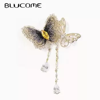 Blucome, новый дизайн, качественная медная брошь, бабочки, Sahpe, брошь с вышивкой для женщин и девочек, шпильки для хиджаба для свадебной вечеринки золотой