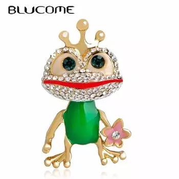 Blucome яркая эмаль зеленая лягушка принц форма броши с кристаллами животных жаба булавки для отворота зелёный