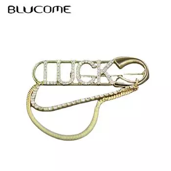 Blucome, роскошные модные броши в форме буквы «удача», медная брошь с кристаллами, костюм, заколки для шарфа и шляпы для женщин и мужчин, одежда золотой