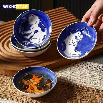 Блюда для соуса в японском стиле, тарелка для суши, керамическая посуда, креативный десерт, милый мультяшный рисунок счастливого кота, тарелка в форме капли воды 2x10cm