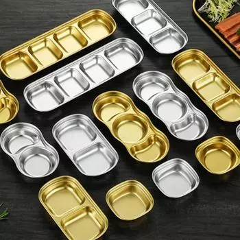 Блюдо для приправ в корейском стиле, золотисто-серебряного цвета, нержавеющая сталь, блюдо для соуса для барбекю, тарелка, посуда, барбекю, ресторан, кухонный инструмент Two grids серебряный