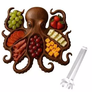 Блюдо для закусок «Осьминог» с вилкой, поднос для сырной доски в океанской тематике для мяса, сыра, фруктов, морепродуктов, деревянный сервировочный поднос, уникальный подарок 11Inch C