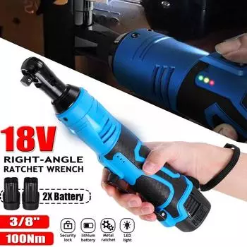 Blue 100N.m Electric Wrench Cordless Ratchet Rechargeable Scaffolding Right Angle Wrench with 2 Battery Charger Power Tool 18V 3/8Inches