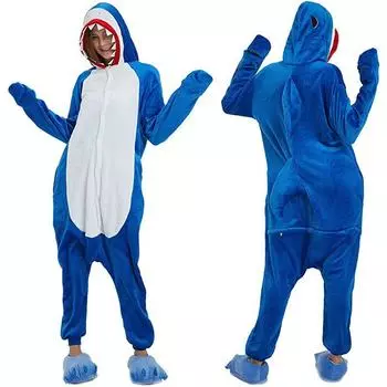 Blue Adult Shark Animal Flannel Cosplay Costume Pajamas Onesie Outfit Sleepwear BlueRed,M