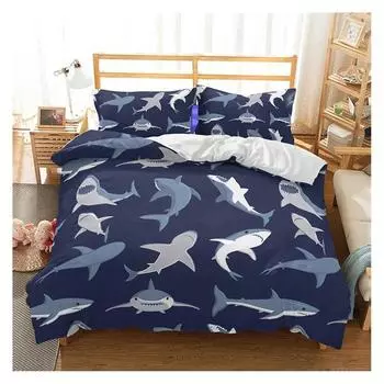 Blue and White Cartoon Shark Fish Print Kids Duvet Cover Boys Girls Luxury Room Decoration for Children Teens Gift Queen Size 135x200cm 2pcs