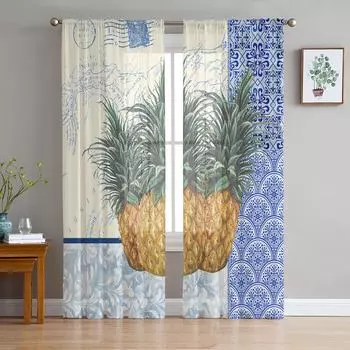 Blue And White Porcelain Texture Pineapple Tulle Curtain Voile Transparent for Bedroom Living Room Kitchen Sheer Window Curtains W135 x H114cm