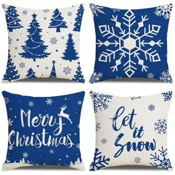 Blue and white simple printed linen pillow case Christmas cushion cushion cover Christmas home decorations without pillow core 45*45cm