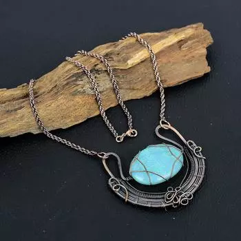 Blue Australian Opal Gemstone Handmade Copper Wire Wrap Jewelry Designer Necklace For Her 18 Inches With Adjustable синий
