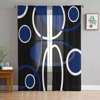 Blue Black Geometric Abstract Lines Sheer Curtains for Living Room Decoration Window Curtain Kitchen Tulle Voile Organza Drapes W135 x H115cm x1&Rod Pocket