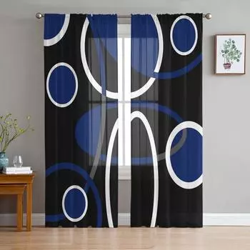 Blue Black Geometric Abstract Lines Sheer Curtains for Living Room Decoration Window Curtains Kitchen Tulle Voile Curtains W135 x H115cm x1