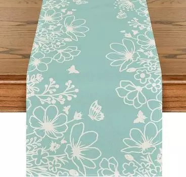 Blue Bloom Flowers Butterfly Spring Linen Table Runner Seasonal Home Holiday Kitchen Dining Table Runner Wedding Party Decor 150x33cm 59x13inch