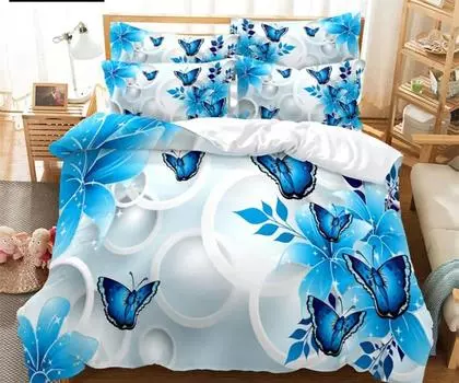 Комплект постельного белья с синими бабочками, двуспальная кровать размера «king-size», односпальная кровать размера «queen-size», комплект постельного белья «queen-size», розовое одеяло с 2 наволочками EU single(135x200cm)