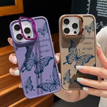 Blue Butterfly Pattern Soft Tpu Phone Case for iPhone 16 Pro Max 15 14 Pro 13 12 11 Lens Stand Shockproof Matte Drop Protection Candy Color Cover iPhone 16 чёрный