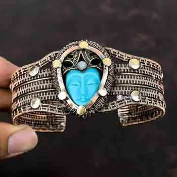 Blue Carved Bone Face Cuff Bracelet Copper Wire Wrapped Bangle Adjustable Bangle Handmade Copper Jewelry Moonstone Gemstone Bangle For Gift