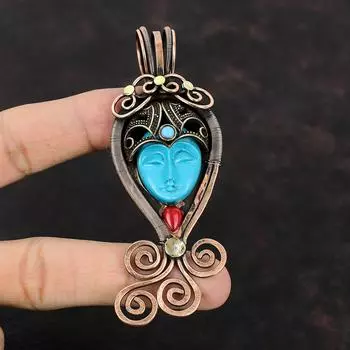 Blue Carved Bone Face Pendant Copper Wire Wrapped Gemstone Pendant Italian Coral & Arizona Turquoise Pendant Copper Jewelry Handmade Pendant