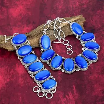 Комплект украшений ручной работы из синего кошачьего глаза, ожерелье и браслет из стерлингового серебра 925 пробы, потрясающий дизайнерский комплект украшений для нее Adjustable With 8 -18 синий