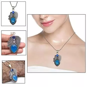 Blue Chalcedony Amethyst Gemstone Unisex Women s Silver Jewelry Pendant 2.5