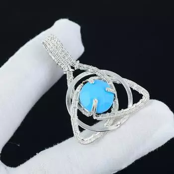 Blue Chalcedony Gemstone Silver Pendant in 925 Sterling Silver- Handmade Design, Celtic Family Knot Wire Wrapped Everyday Jewelry, Birthday Gifts 2.16 синий