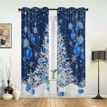 Blue Christmas Tree Christmas Ball Snowflake Print Curtains Bedroom Living Room Drapes Kitchen Window Curtain Home Decoration 135W x 60H(cm) x1