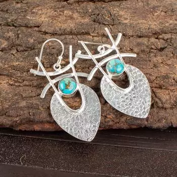 Blue Copper Turquoise Gemstone 925 Sterling Silver Handmade Hook Earrings 1.78 EE-64-32