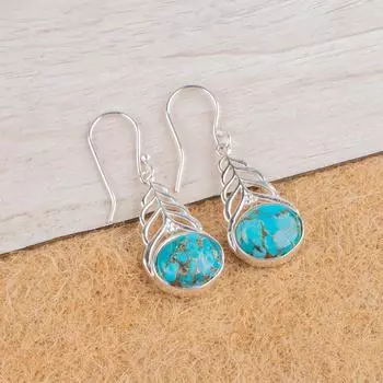 Blue Copper Turquoise Gemstone 925 Sterling Silver Jewelry Dangle Earrings 1.64 CE-1-37