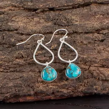 Blue Copper Turquoise Gemstone 925 Sterling Silver Jewelry Artisan Earrings EE-19-34