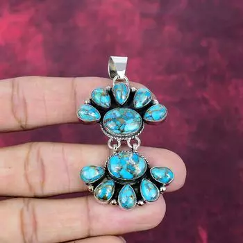 Blue Copper Turquoise Handmade Gemstone Jewelry, 925 Solid Sterling Silver Pendant Antique Jewelry 2.44 Inches