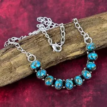 Blue Copper Turquoise Handmade Gemstone Necklace, 925 Solid Sterling Silver Necklace Antique Jewelry With Adjustable Chain, Gift For Love