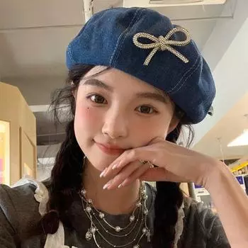 Blue Cowboy Beret Cap Korean Style Denim Octagonal Hat Japanese Painter Hat Girls dark blue-pearl bow